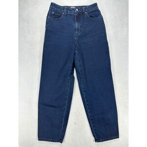 HM High Waisted Mom Jeans Dark Indigo Blue Tapered Leg Split Hem US 6